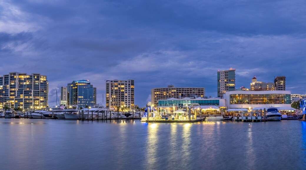 City skyline from Bayfront Park over Sarasota Bay at night in Sarasota Florida USA