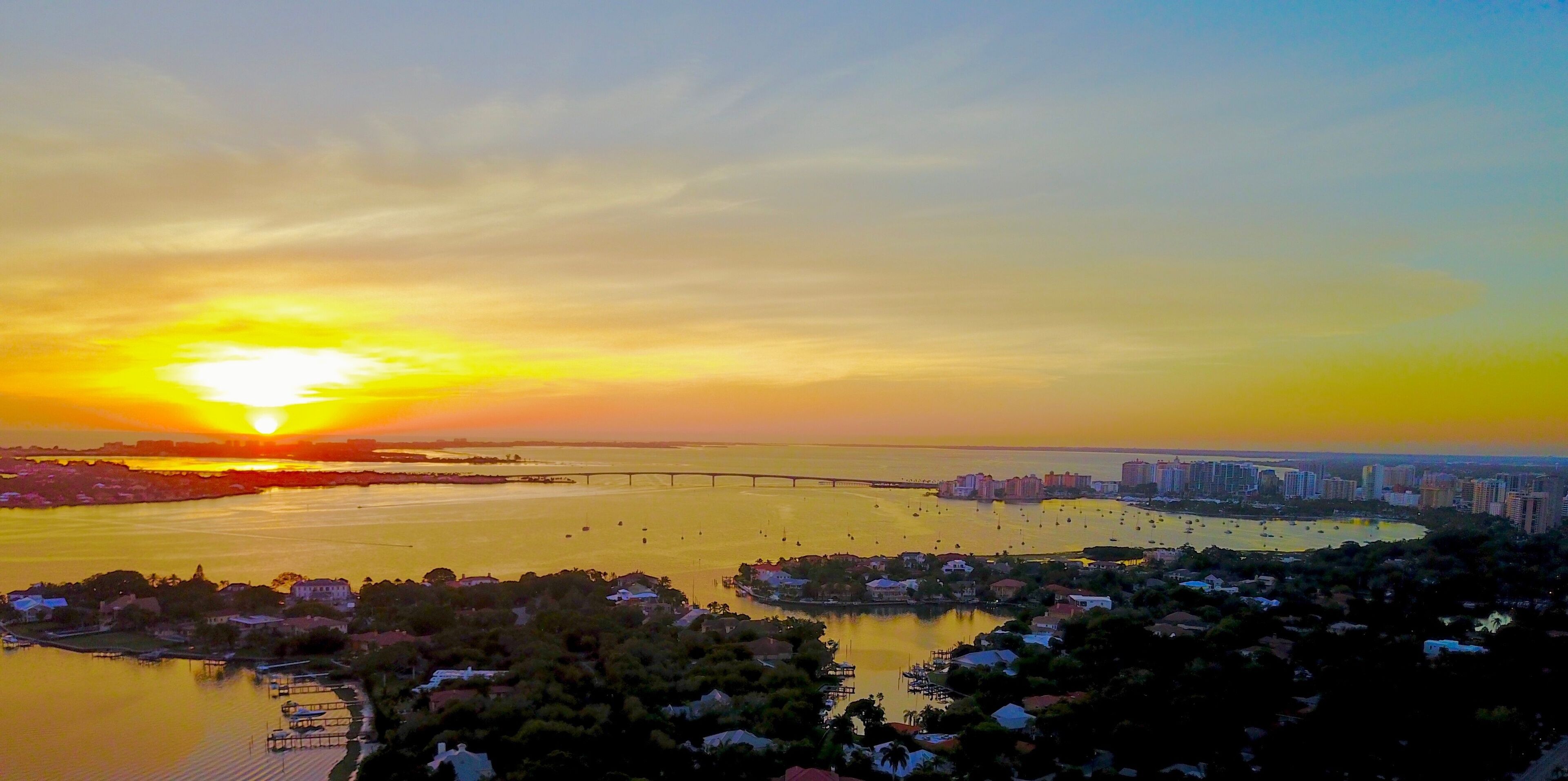 Aerial panoramic of downtown Sarasota, Florida and surrounding keys