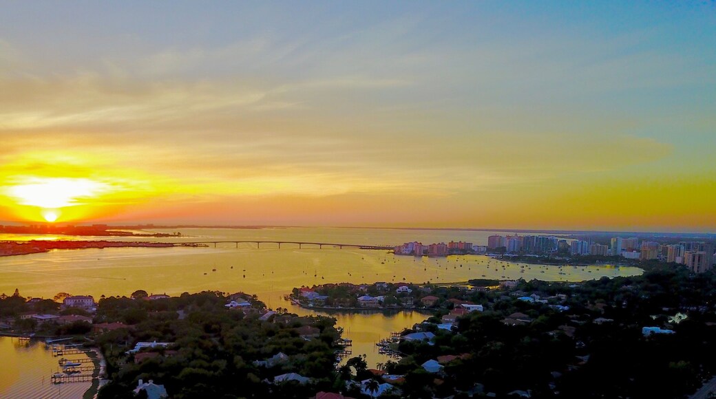 Aerial panoramic of downtown Sarasota, Florida and surrounding keys