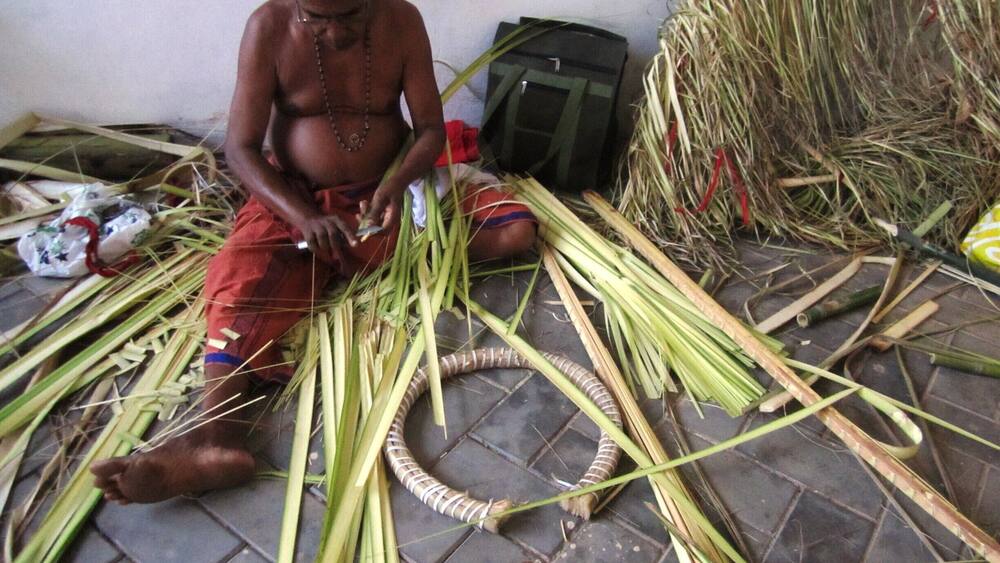 A person sitting on the floor surrounded by cut stalks of grass.