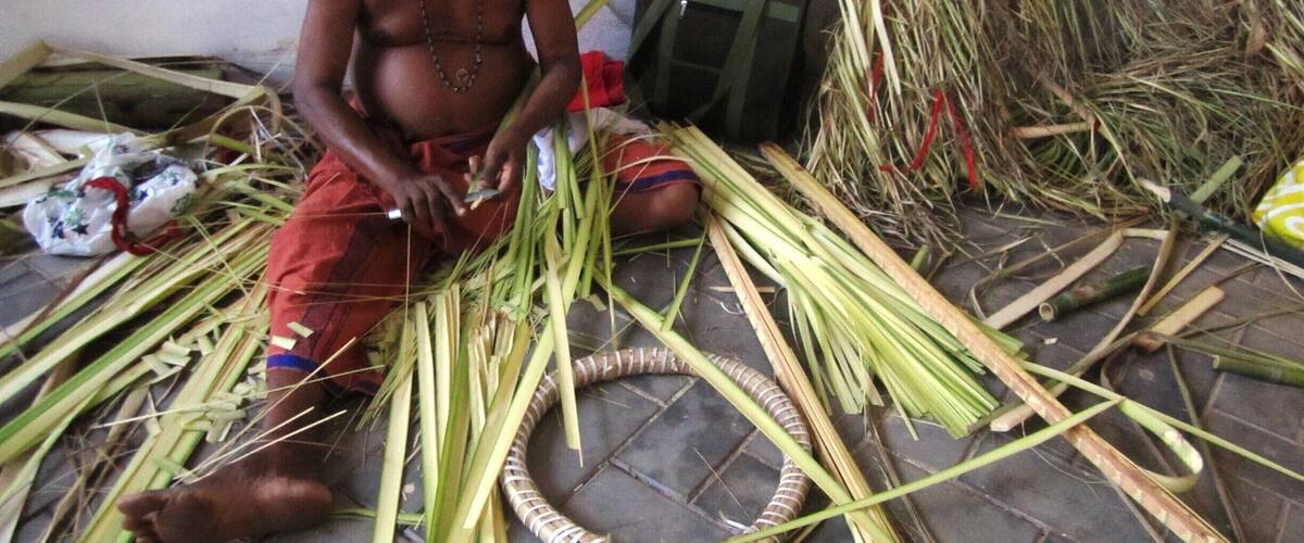 A person sitting on the floor surrounded by cut stalks of grass.