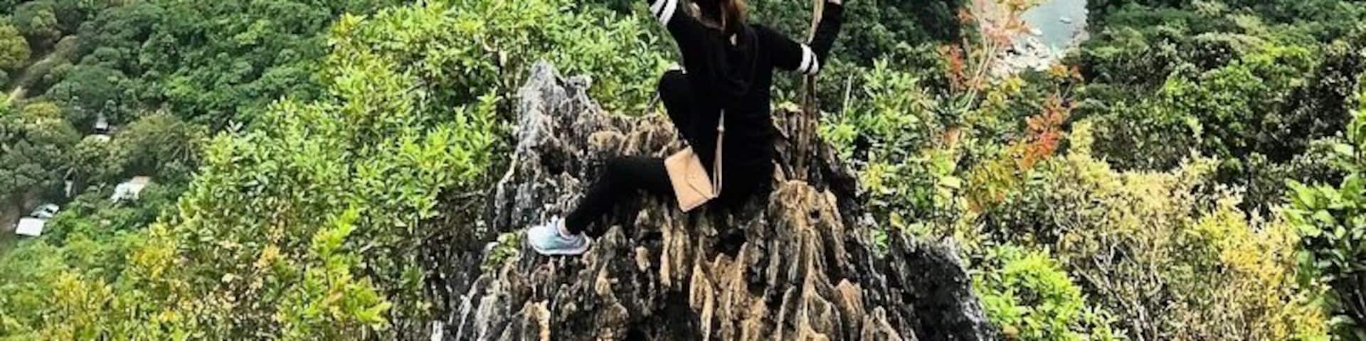 A person standing on a rocky outcrop with arms raised, overlooking a river winding through a dense forested valley.