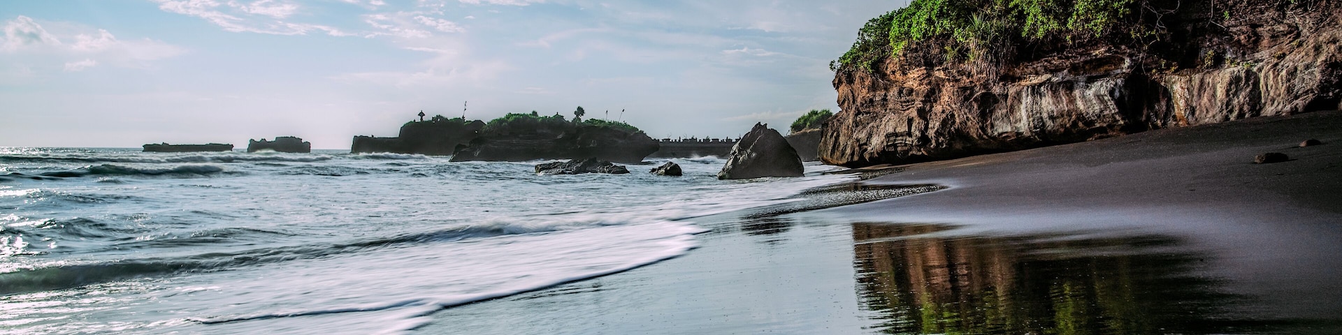 Una playa con olas, un afloramiento rocoso y una palmera.