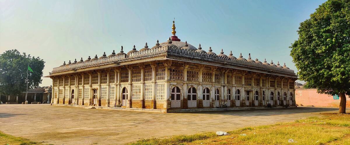 Panoramic view of the Sarkhej Roza monument in Makarba, Ahmedabad, Gujarat, India