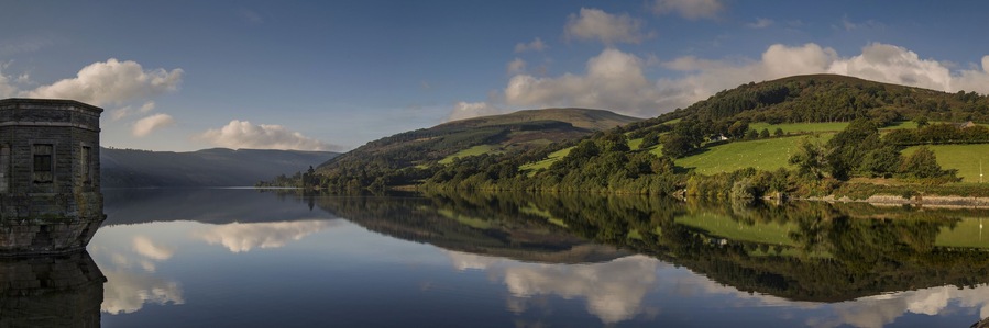 A panoramic shot of Talybont Reservoir captured on a bright Autumn morning.