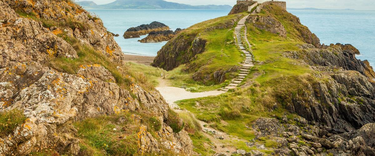 Lightouse on a hill overlooking the Menai Straits, Llanddwyn Island, Anglesey, North Wales