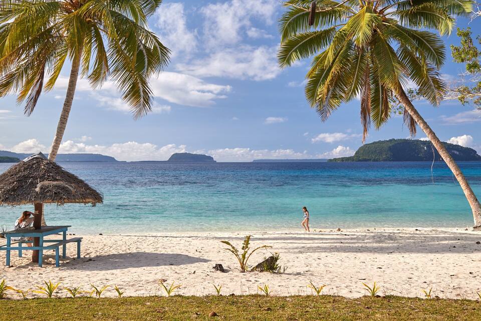 Una playa con palmeras, una sombrilla de paja y agua turquesa cristalina.
