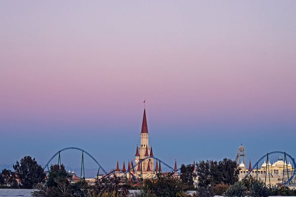 beautiful castle of the park of legends against the background of a lilac sky. Antaly