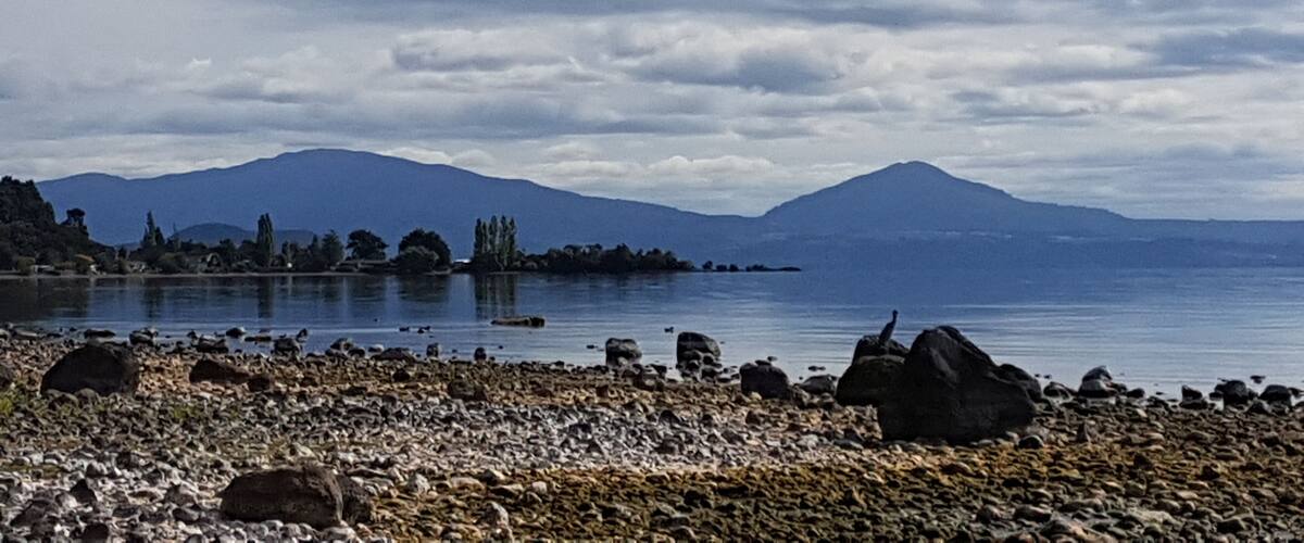 A rocky shoreline with calm water, distant mountains, and a cloudy sky.