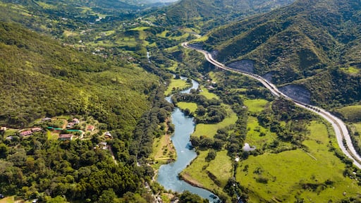 view of the valley of the mountains and river