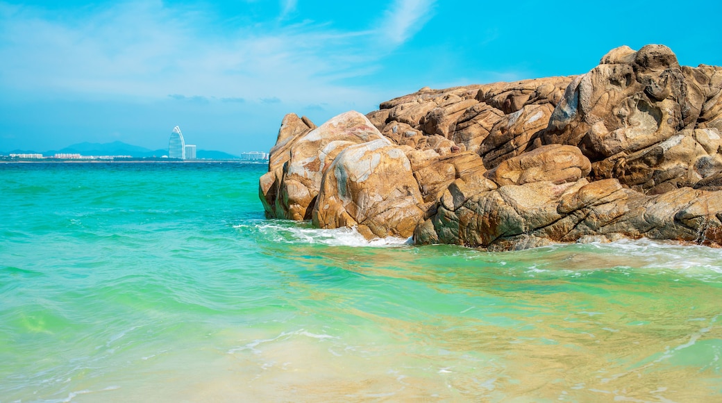 Hainan island, Sanya city. Scenic seascape in Wuzhizhou tropical Island. Sea view and large rock. Sanya city Chinese Resort for summer vacation. Popular tourism destination in China. Haitang Bay.