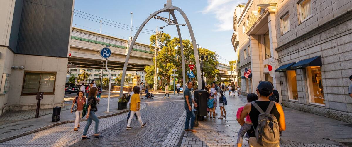 Motomachi Shopping Street showing outdoor art and street scenes