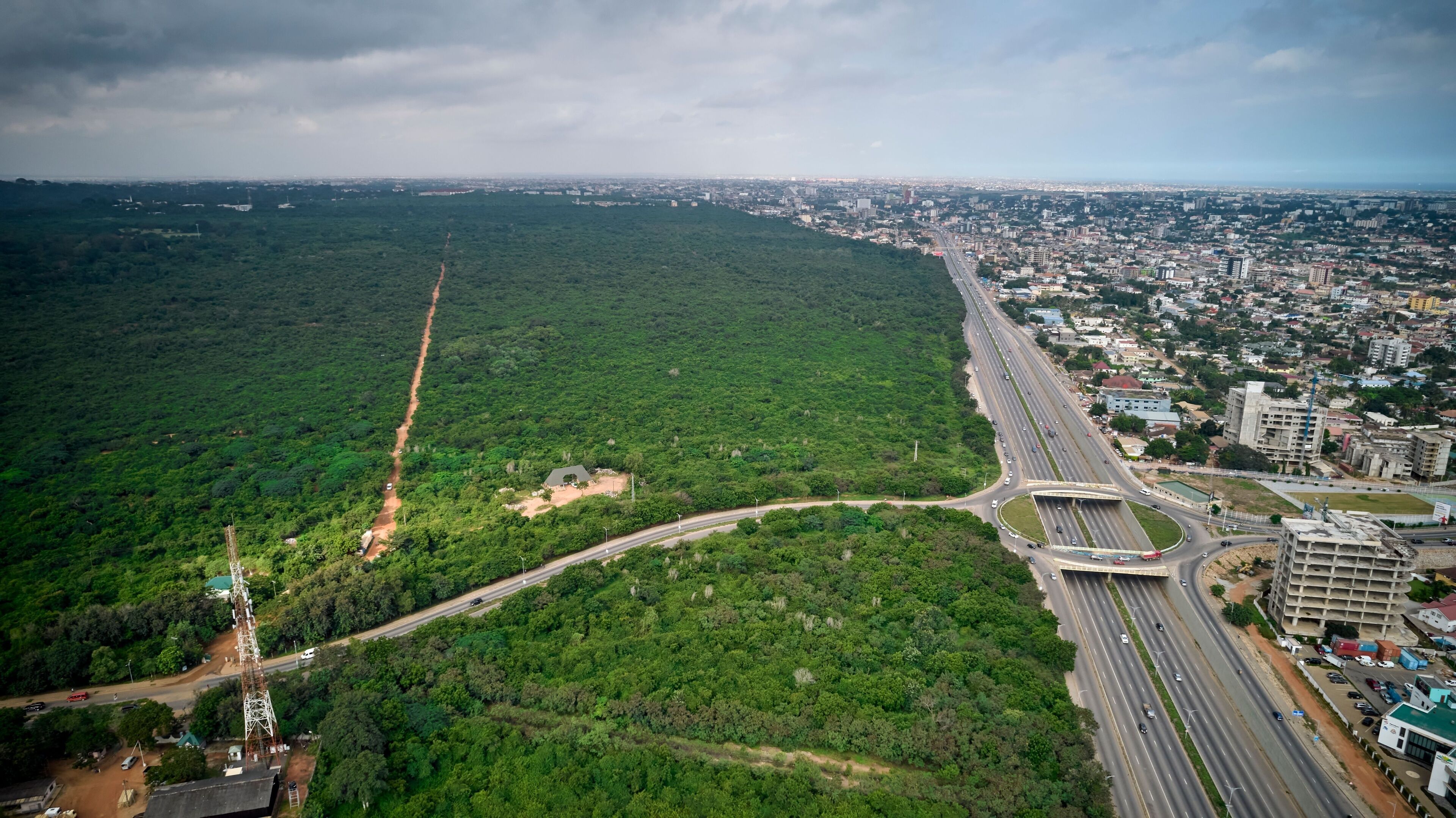 A cityscape with a highway, dense forest, and a distant city skyline.