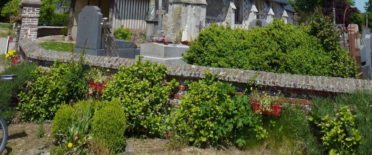 A church with a pointed steeple, surrounded by greenery and a stone wall.