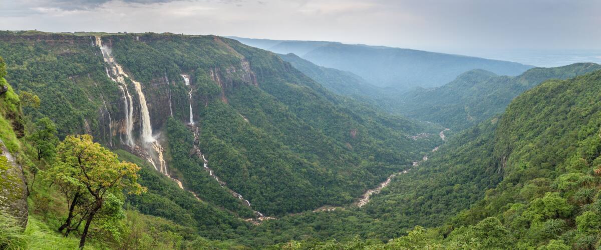 Cherrapunjee, Meghalaya, India. Иeautiful panorama of the Seven Sisters waterfalls near the town of Cherrapunjee in Meghalaya, North-East India.