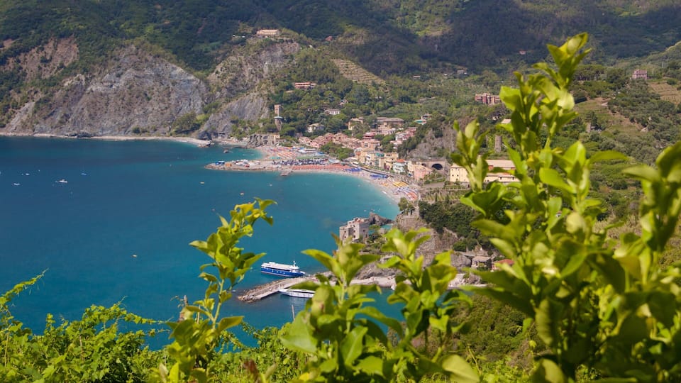 A coastal town with a beach, boats, and lush greenery.