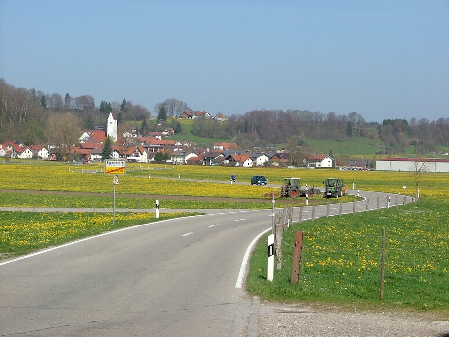 Un camino rural serpentea por campos con un pueblo al fondo.