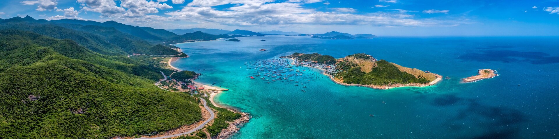 Aerial view of Binh Hung island and road from Cam Ranh to Phan Rang, Ninh Thuan, Vietnam