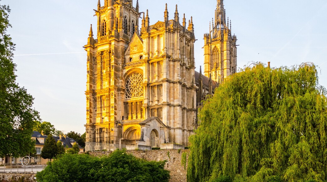 A historic cathedral with intricate architecture, a calm river reflecting its structure, and lush greenery surrounding the area.
