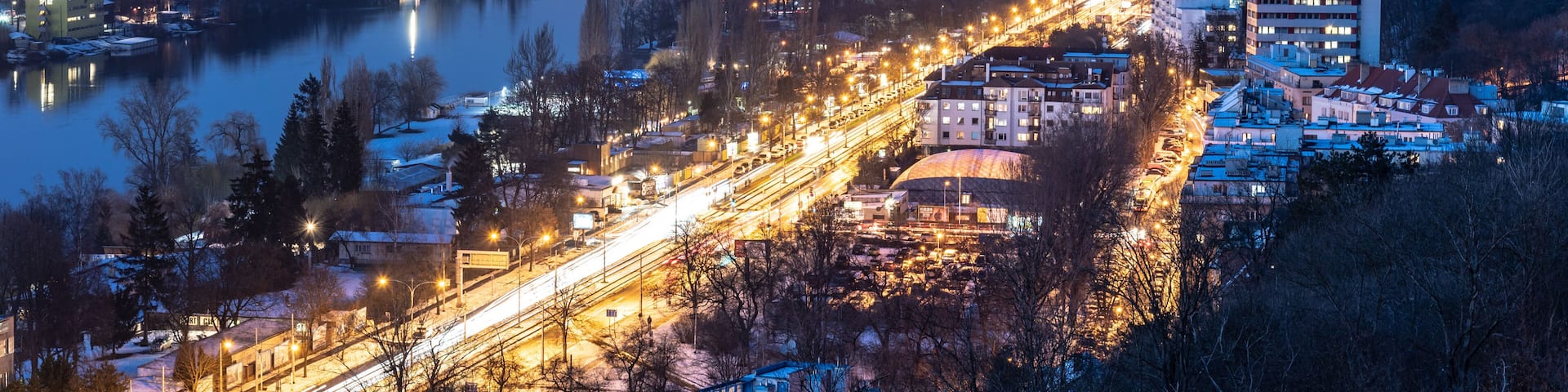 Vltava River and Vysehrad in Podoli. Winter evening view from Branik rocks. Prague, Czech Republic