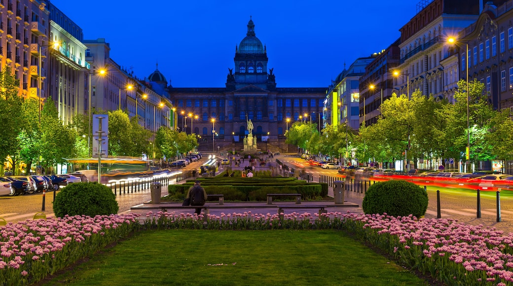 A city square with a large building in the background, surrounded by trees and flower beds.
