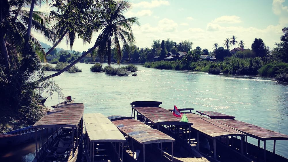Une rivière où des bateaux en bois sont amarrés à un quai en bois, le tout entouré de palmiers et sous un ciel dégagé.
