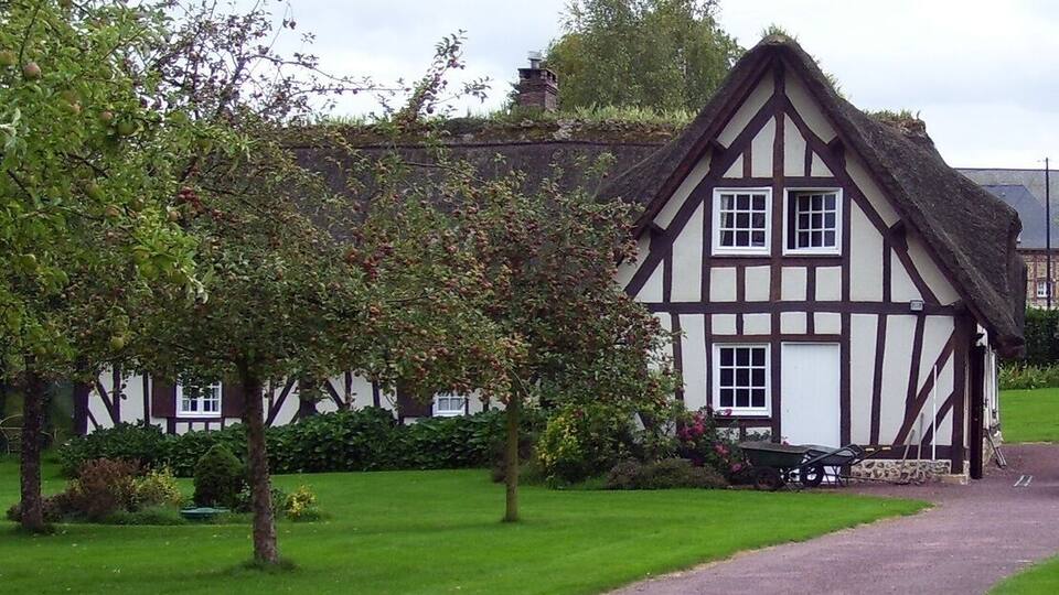 A Tudor-style house with a thatched roof, surrounded by a well-maintained lawn and a gravel path.