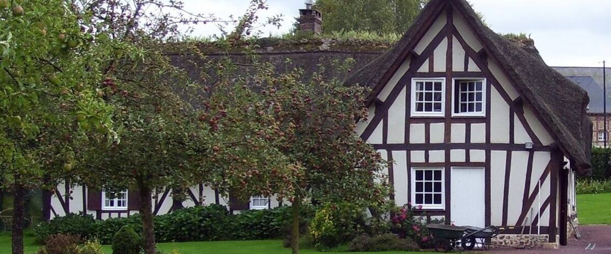 A Tudor-style house with a thatched roof, surrounded by a well-maintained lawn and a gravel path.