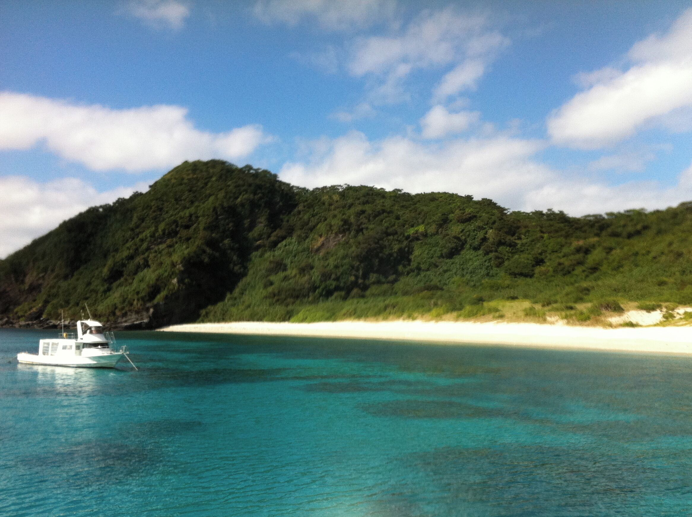 A boat on turquoise water, a sandy beach, and a forested hill.