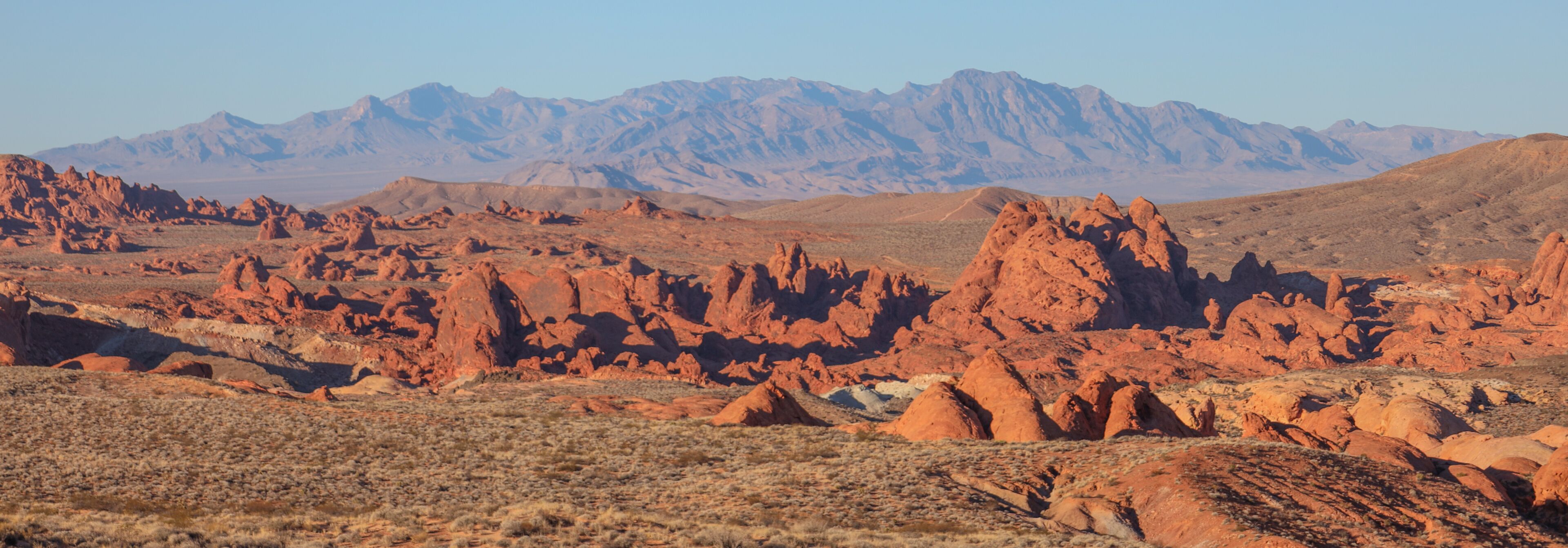A desert landscape with red rock formations and distant mountains.