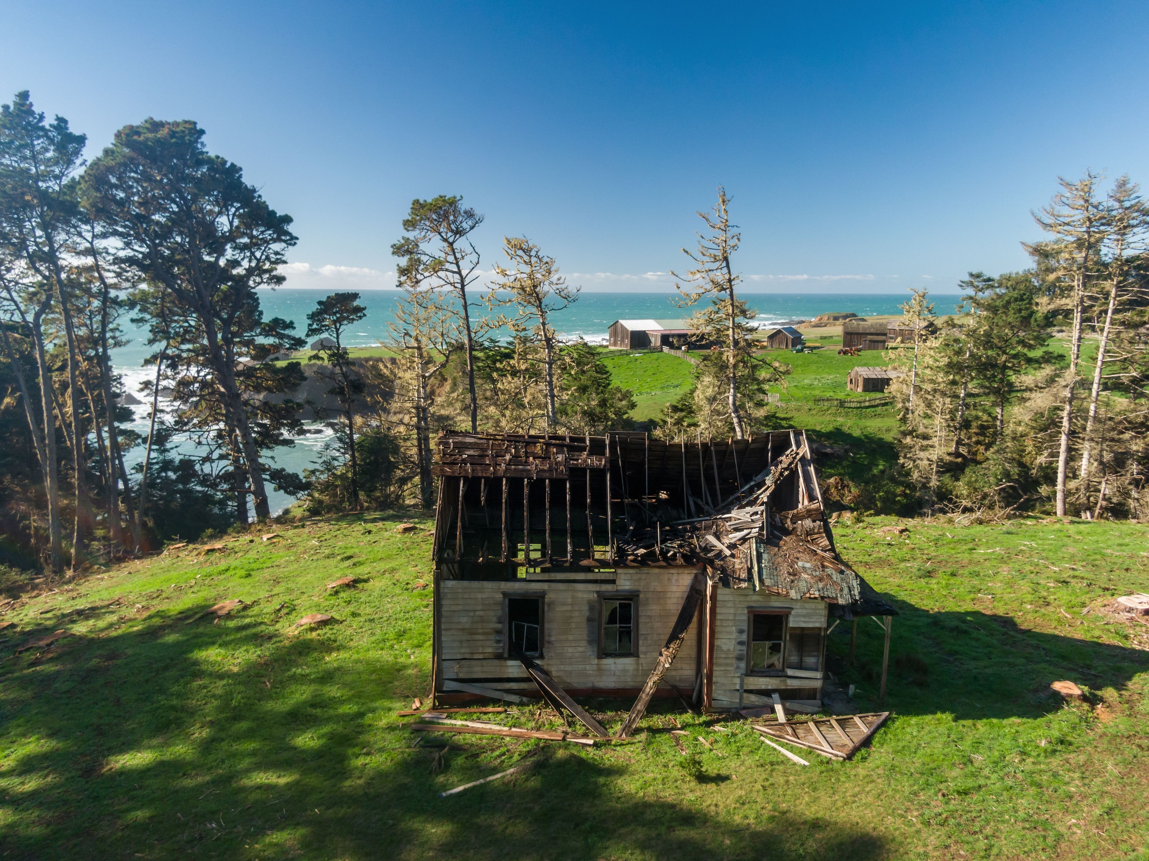 Abandoned destroyed cottage in Stewarts Point, California, United States of America.