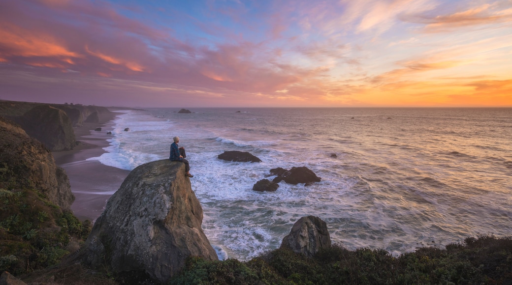 A coastal landscape with a rocky shoreline, waves crashing against the rocks, and a person sitting on a rock.