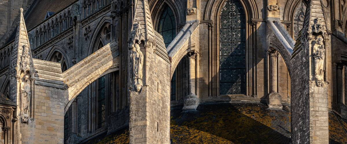 A Gothic cathedral with intricate stonework and pointed arches.