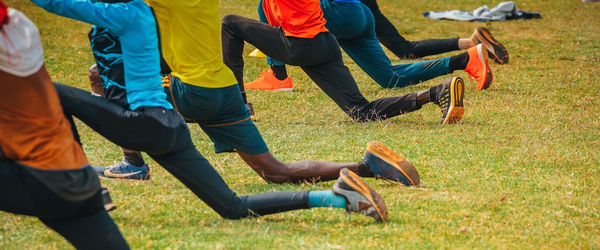 A group of people stretching on a grassy field.