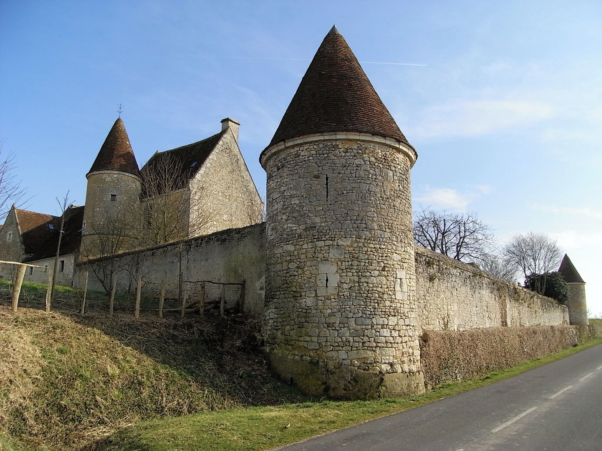 A medieval stone castle with conical towers and a round tower.
