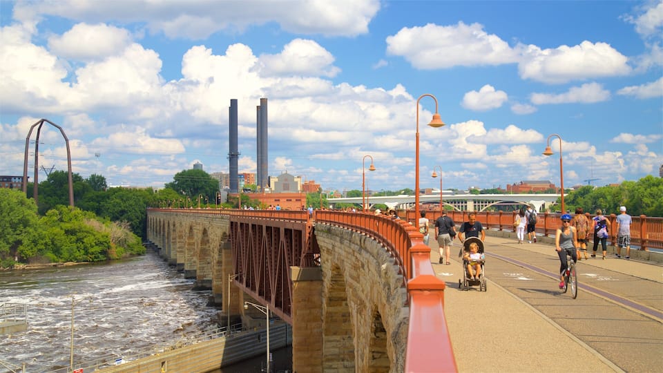 A bridge with a river underneath, surrounded by greenery and industrial buildings.