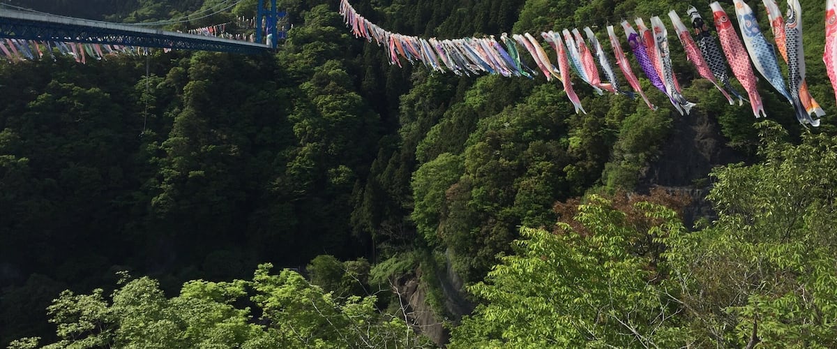 A suspension bridge over a forested mountain with colorful fish-shaped kites hanging across.