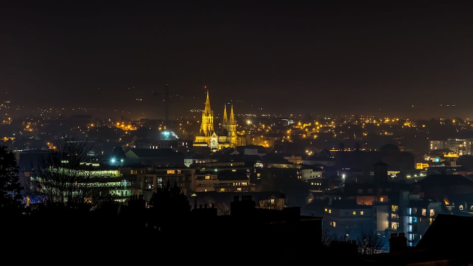 Beautiful night scene Cork Ireland Patrick's Hill panorama Saint Fin Barre's Cathedral