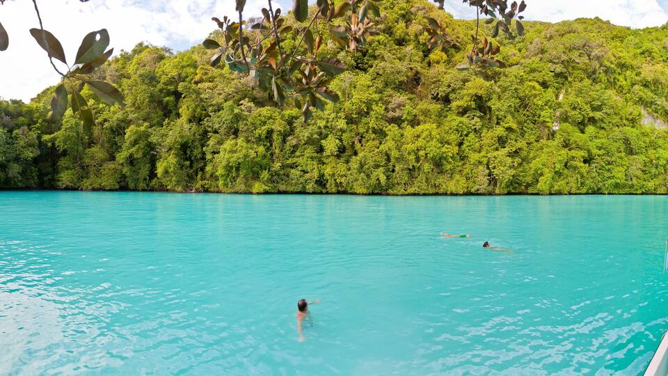 A turquoise sea with swimmers and a boat in the foreground.