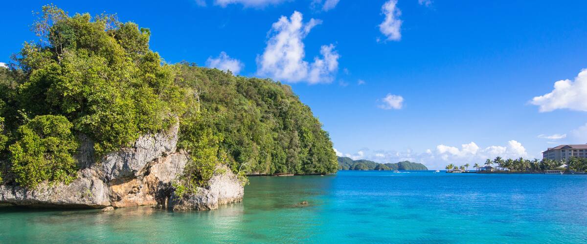 A clear turquoise sea, a rocky coastline, and a lush green hill.