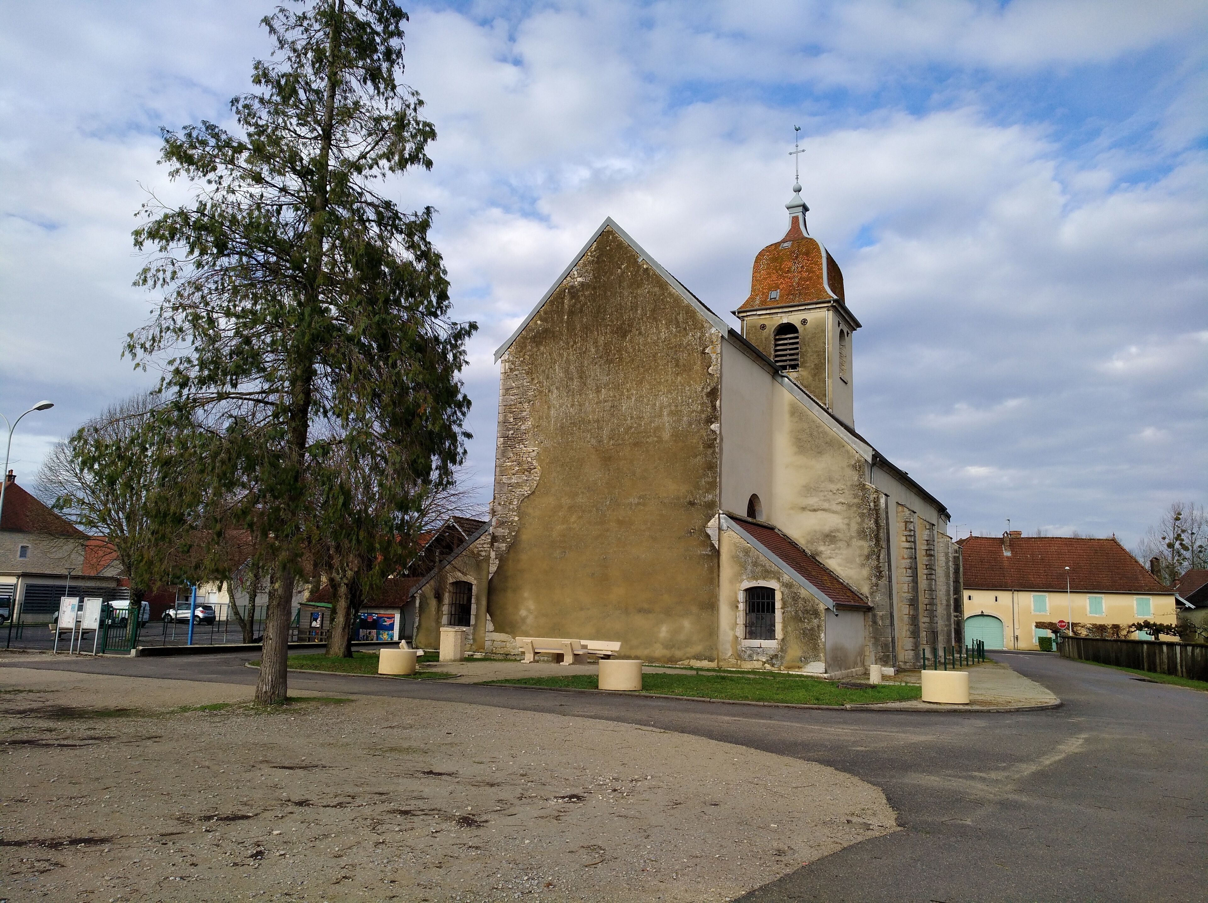 A church with a bell tower and a large tree in front.