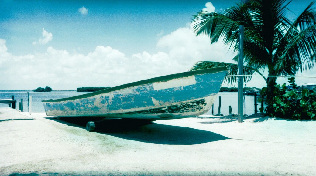 Boat moored on the beach, San Pedro, Ambergris Caye, Belize.
