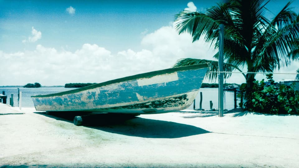 A weathered boat on a sandy beach with palm trees and a clear sky.