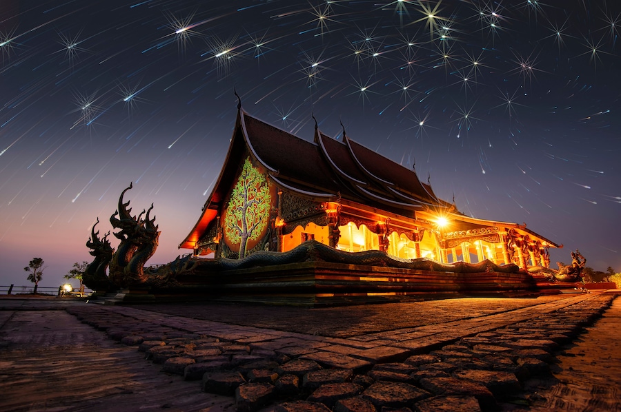 Wat Sirindhorn, stars abstract, Phibun Mangsahan, Ubon Ratchathani, Phuproud temple in Northeast Thailand .