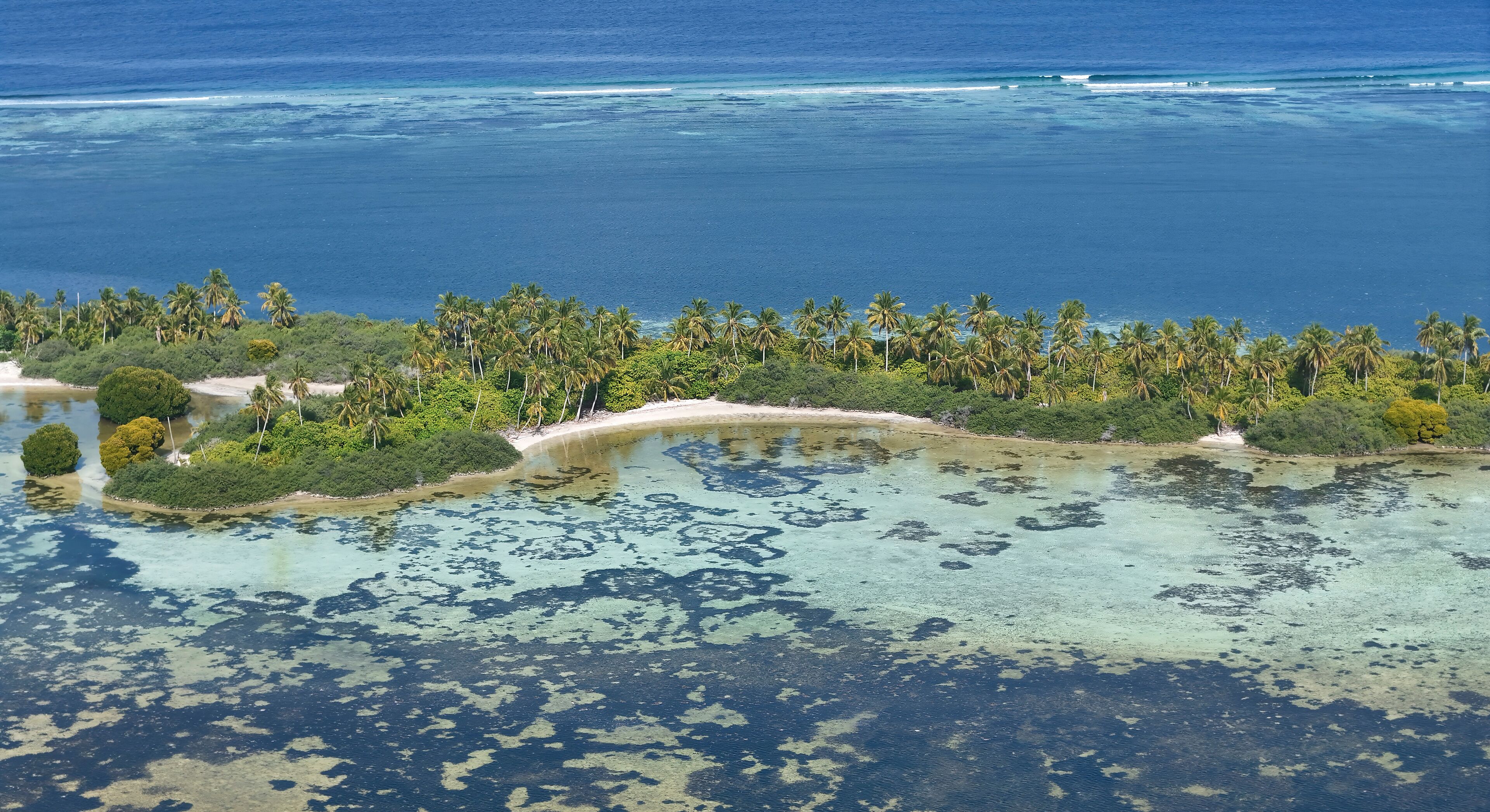 An aerial view of a tropical island with clear blue waters, a sandy beach, and dense palm trees.