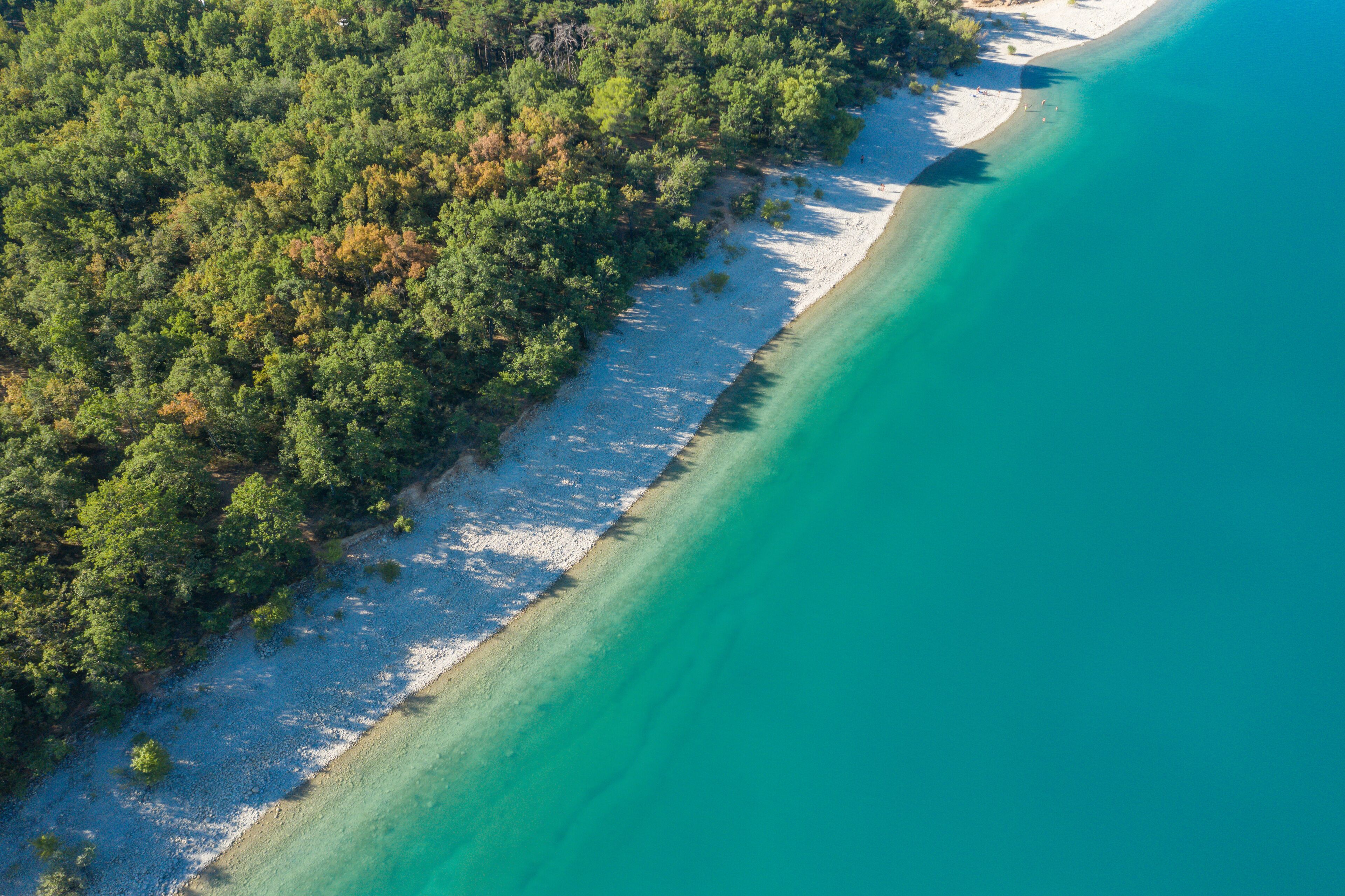 An aerial view of a beach with clear turquoise waters and a dense forest on one side.