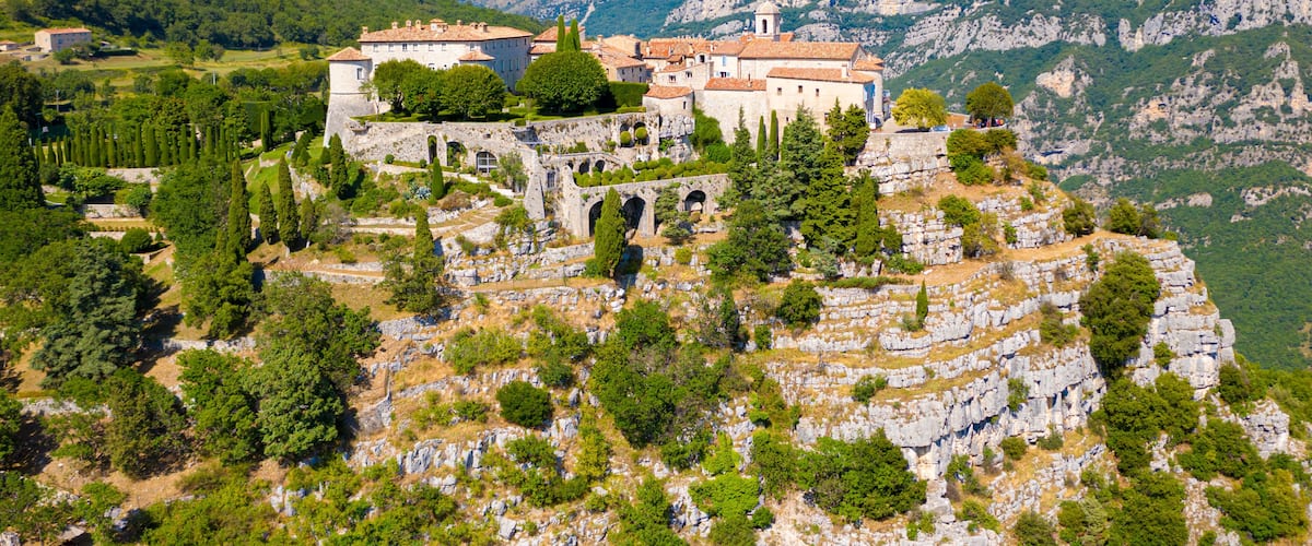 View of mountain top village Gourdon in Provence, France.