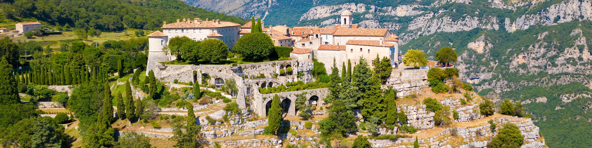 View of mountain top village Gourdon in Provence, France.