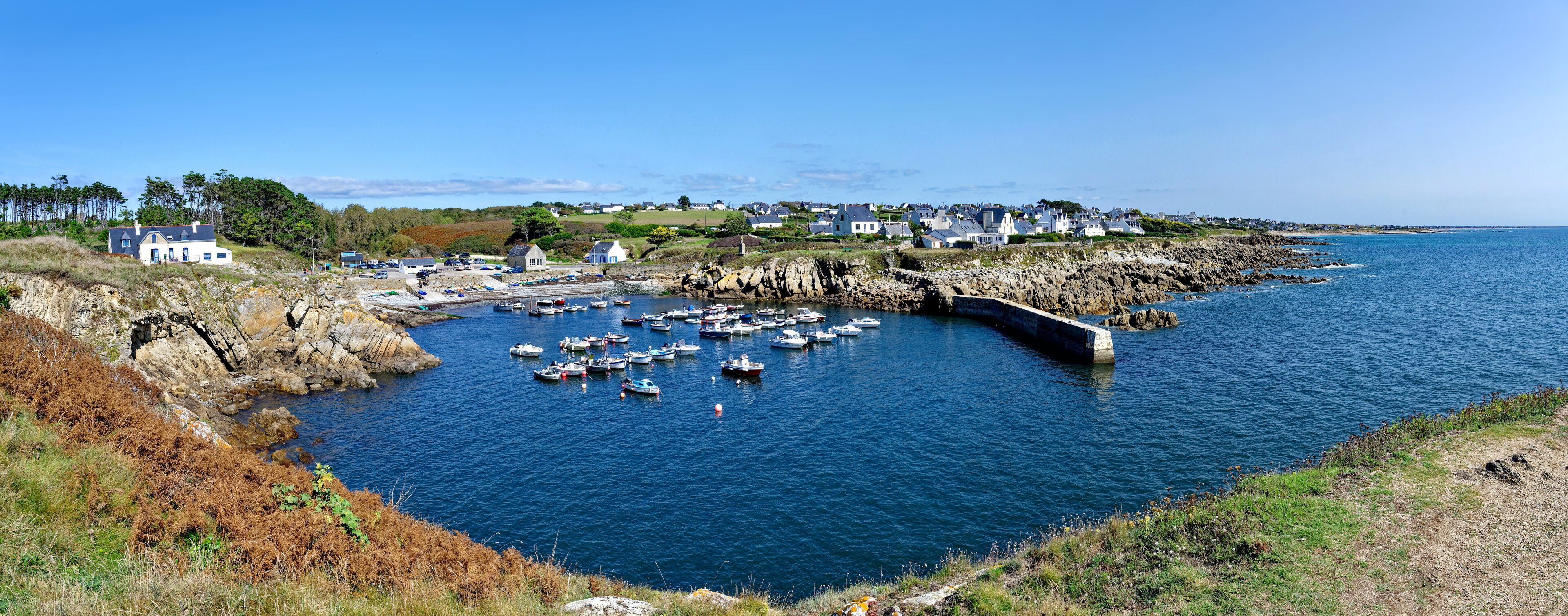 A coastal town with houses, a rocky shoreline, and numerous boats docked in a harbor.