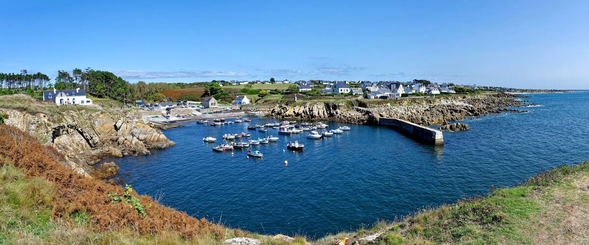 A coastal town with houses, a rocky shoreline, and numerous boats docked in a harbor.